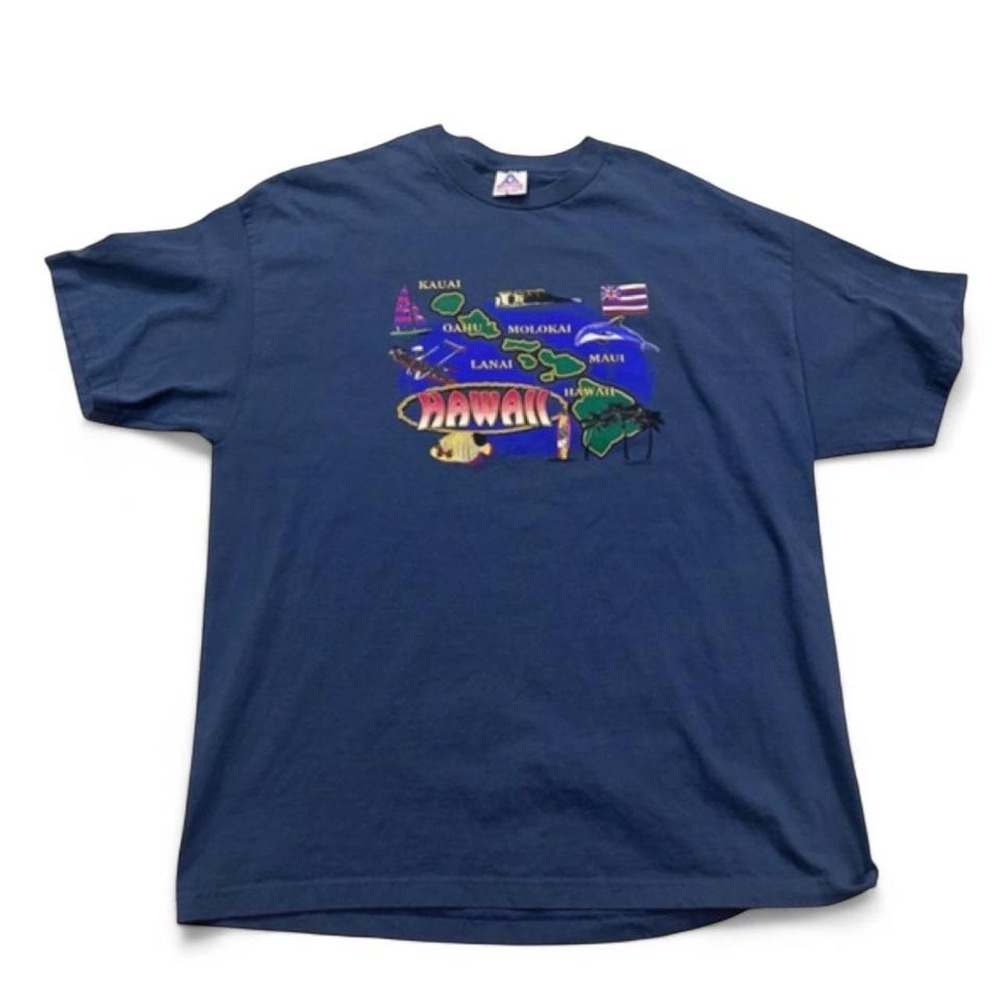 Vintage Hawaii Island Map Graphic T-Shirt XXL Navy Blue Souvenir Alstyle
